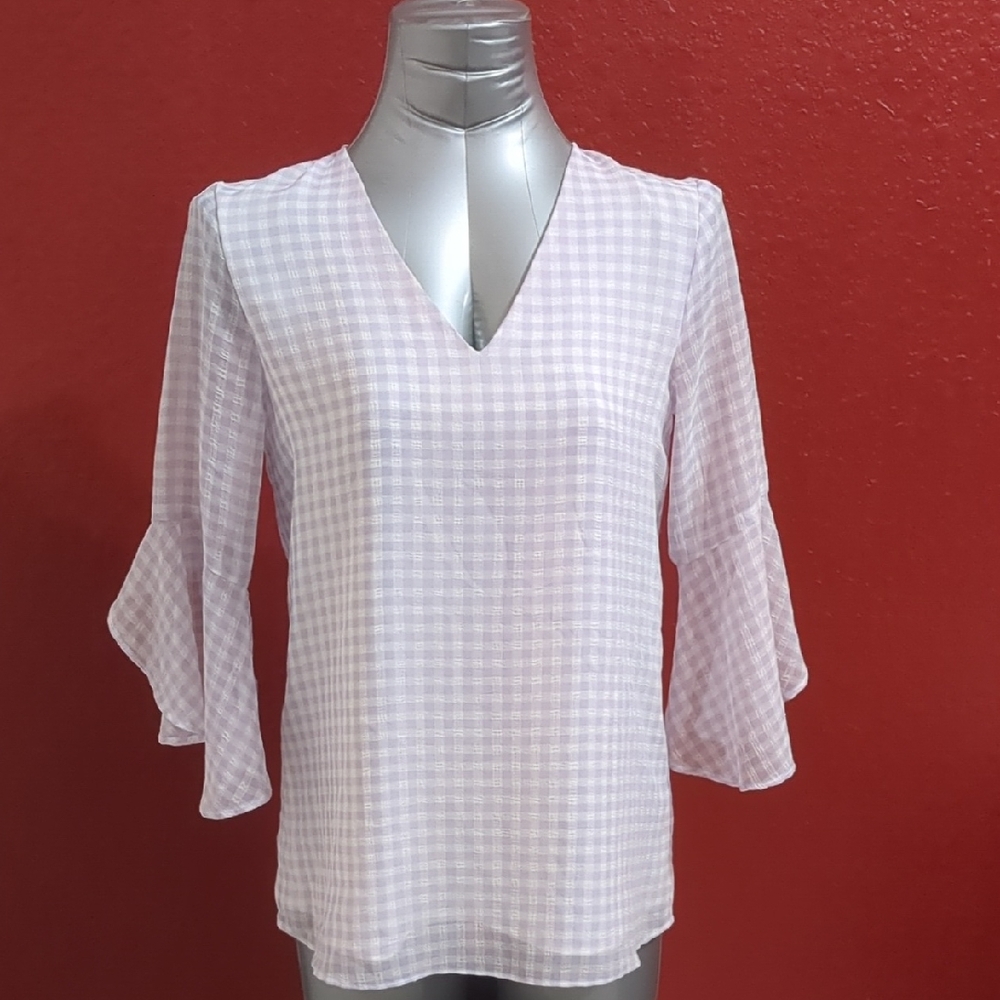 Calvin Klein Women Purple/White-V Neck Blouse 3/4 Sleeves Gingham check Size S